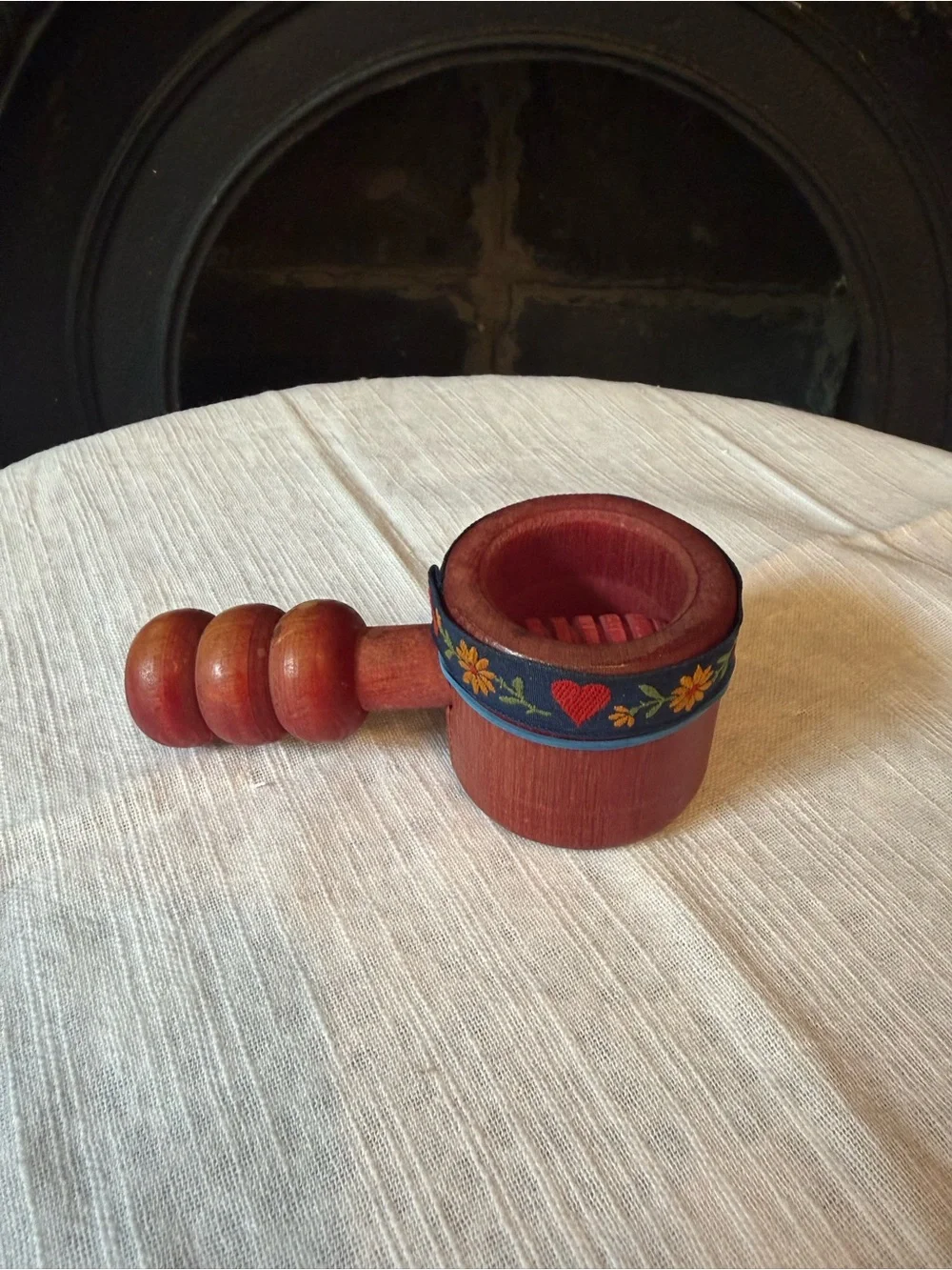Vtg German Wooden Screw Style Nut Cracker with Floral Trim